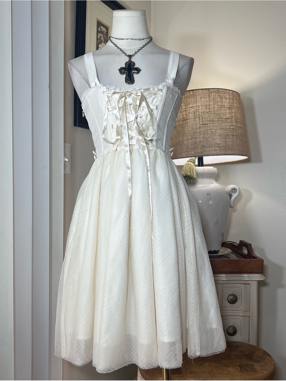 Ivory Corset Tulle Lace-Up Mini Dress with Full Skirt